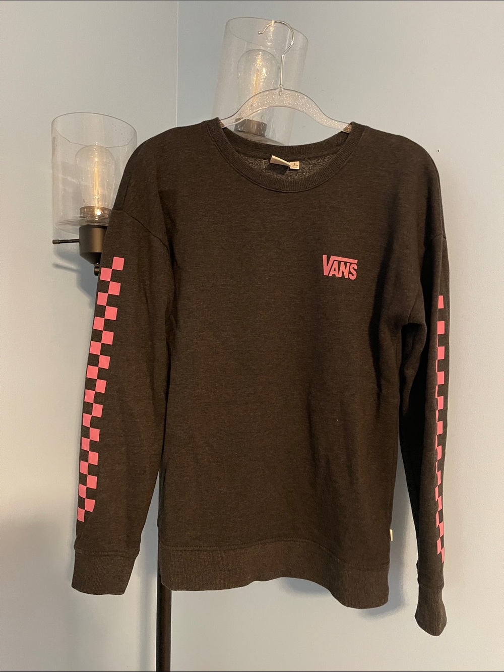Vans Men’s Black Crewneck Sweater with Pink Checker Sleeves